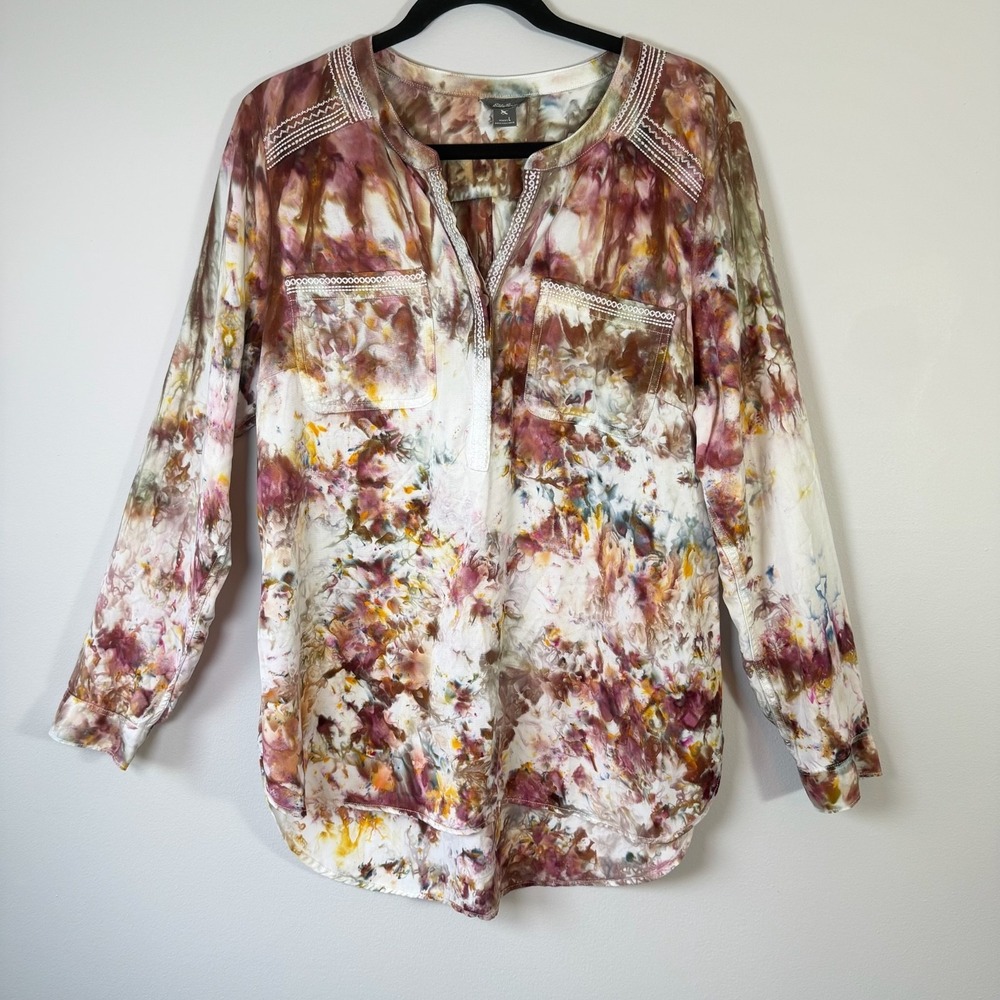 Eddie Bauer Tie Dye‎ Tunic Blouse Western Country Cowgirl Boho Hi Low Tencel L